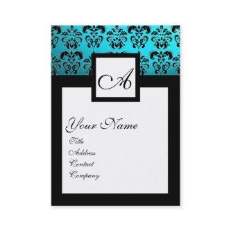 CLASSIC BLACK AQUA BLUE DAMASK SQUARE MONOGRAM