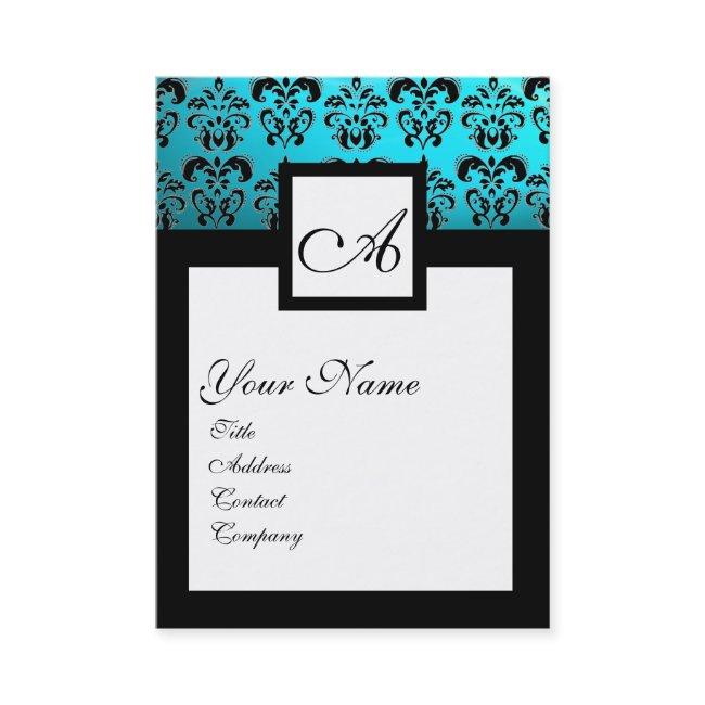 CLASSIC BLACK AQUA BLUE DAMASK SQUARE MONOGRAM
