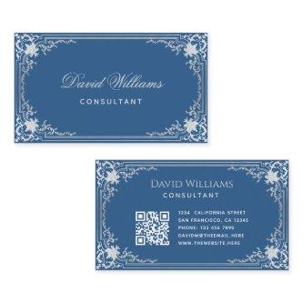 Classic Blue Elegant Vintage Ornate Frame QR Code