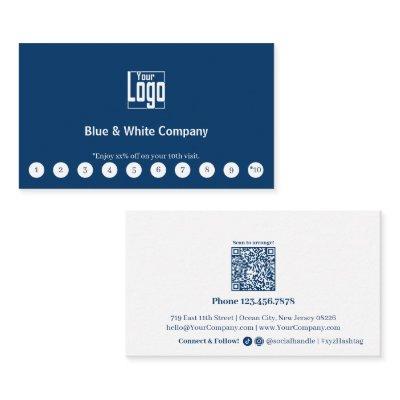 Classic Blue & White Logo Social Media QR Code Loyalty Card