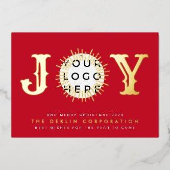 Classic Christmas Red GOLD JOY Business LOGO Foil Holiday Card