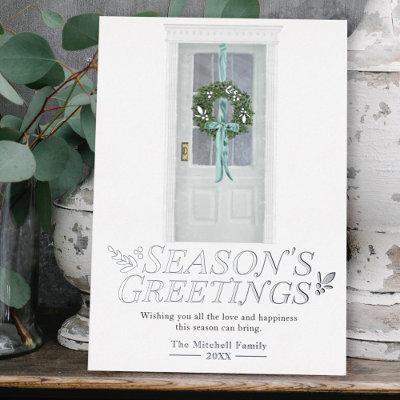 Classic Door Wreath Ribbon Watercolor Foil Holiday