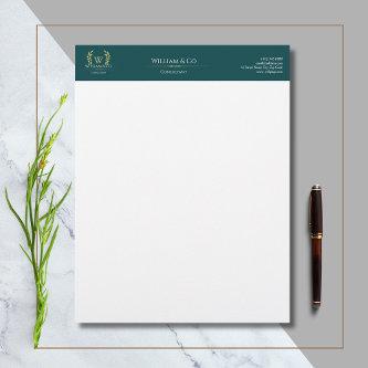 Classic Laurel Wreath Teal Gold Monogram Letterhead