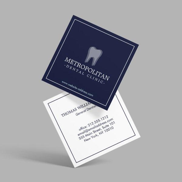 Classic Modern Dentist Tooth Logo on Navy Blue Square