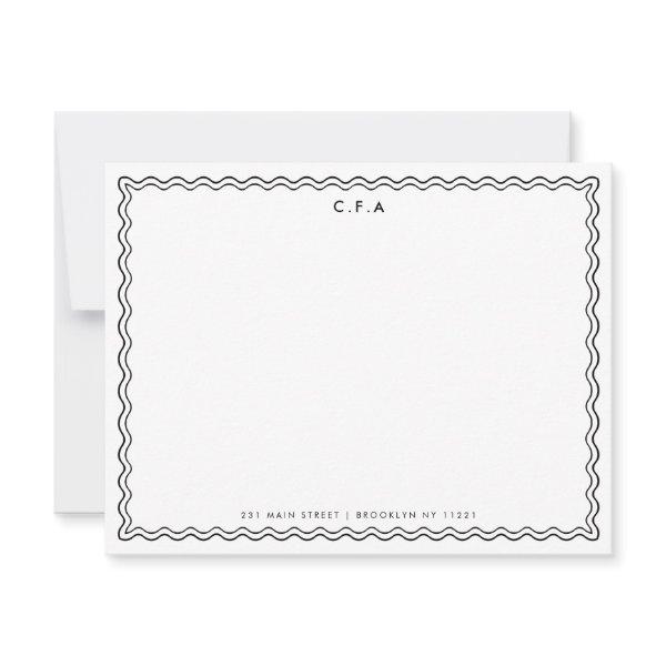 Classic Simple Chic Black 3 Monogram Wave Border Note Card