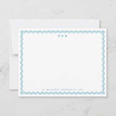 Classic Simple Formal Blue 3 Monogram Wave Border Note Card