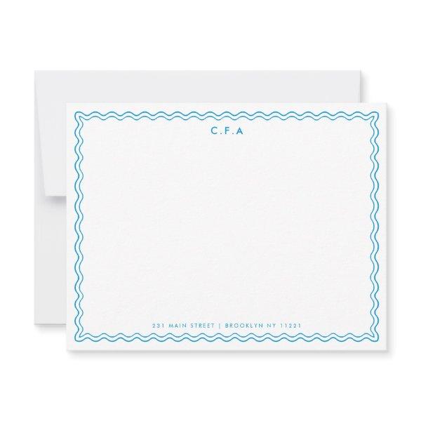 Classic Simple Formal Blue 3 Monogram Wave Border Note Card