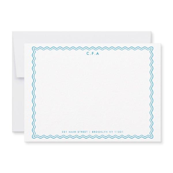Classic Simple Formal Blue 3 Monogram Wave Border Note Card