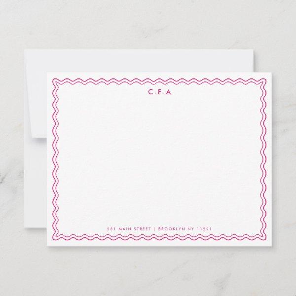 Classic Simple Magenta Pink 3 Monogram Wave Border Note Card