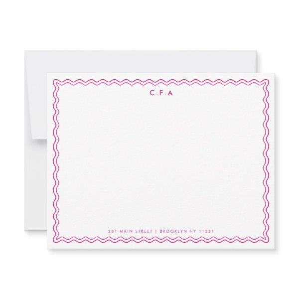 Classic Simple Magenta Pink 3 Monogram Wave Border Note Card