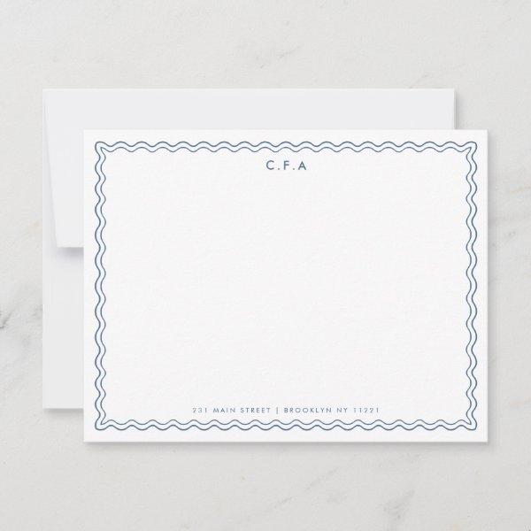 Classic Simple Navy Blue 3 Monogram Wave Border Note Card
