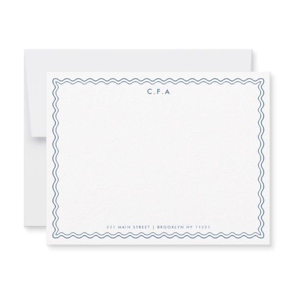 Classic Simple Navy Blue 3 Monogram Wave Border Note Card