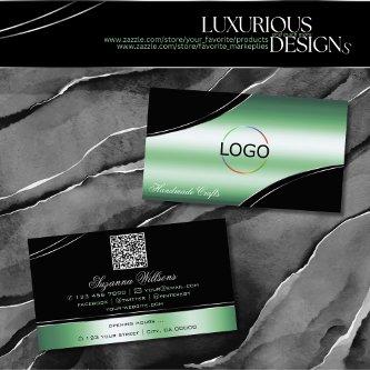Classy Black Green Curved Decor Lines Logo QR Code