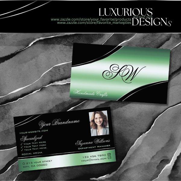 Classy Black Green Curved Lines Monogram and Photo
