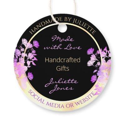 Classy Black Purple Flowers and Gold Thank You Favor Tags