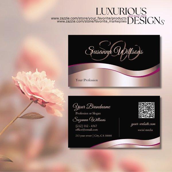 Classy Black Wavy Rose Gold Decor Initials QR Code