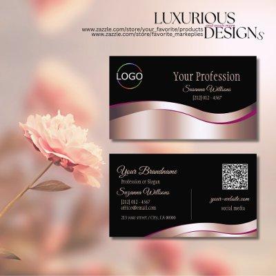 Classy Black Wavy Rose Gold Decor Logo and QR Code