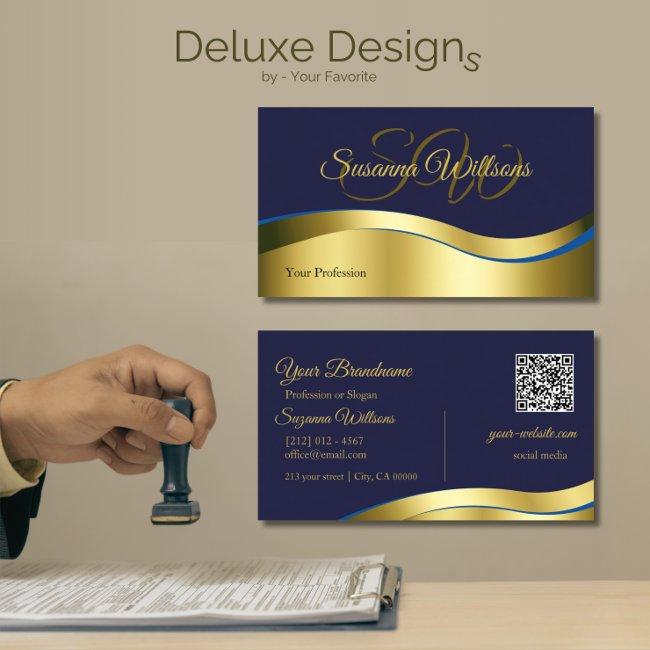 Classy Blue Wavy Gold Decor with Initials QR Code