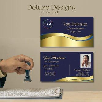 Classy Blue Wavy Gold Decor with Logo and Photo