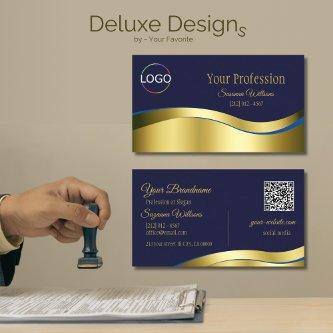 Classy Blue Wavy Gold Decor with Logo QR Code