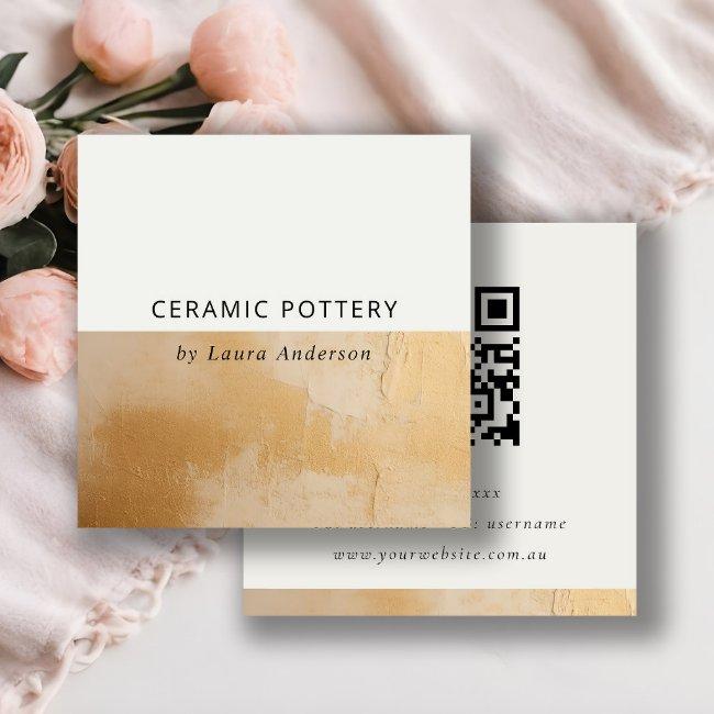 Classy Chic Beige Gold Oil Paint Texture QR Code Square