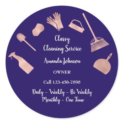Classy Cleaning Services Gold Logo Maid Rose Navy Classic Round Sticker