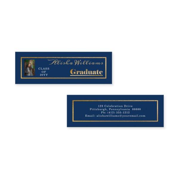 Classy Elegant Gold Text Graduate Photo Dk Blue Mini