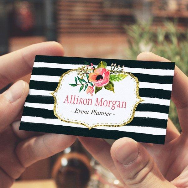 Classy Floral Watercolor Black White Striped