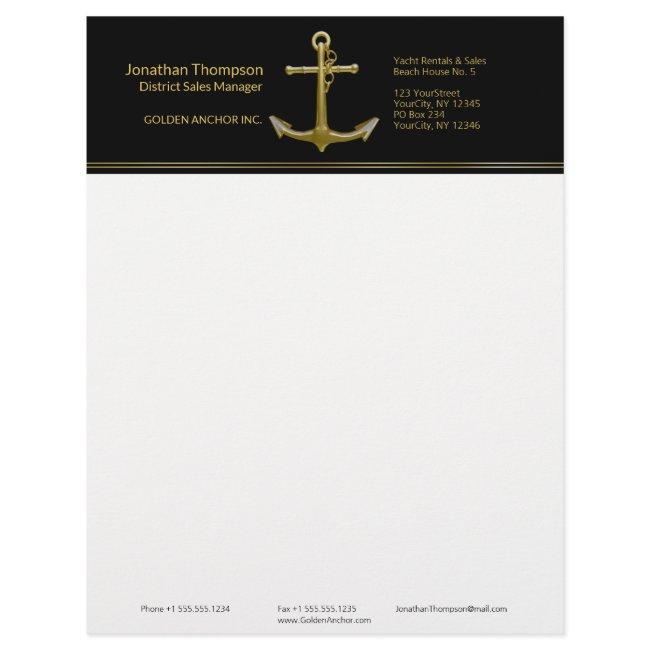 Classy Nautical Gold Anchor on Black Letterhead