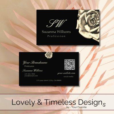 Classy Plain Black Beige Rose Initials QR Code