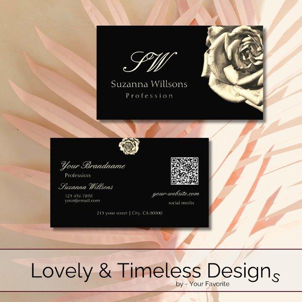 Classy Plain Black Beige Rose Initials QR Code