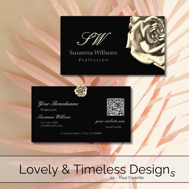 Classy Plain Black Beige Rose Initials QR Code