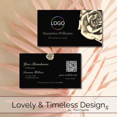 Classy Plain Black Beige Rose Logo and QR Code