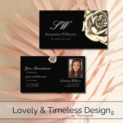 Classy Plain Black Beige Rose with Initials Photo