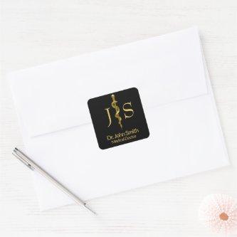 Classy Rod of Asclepius Gold on Black Medical Square Sticker