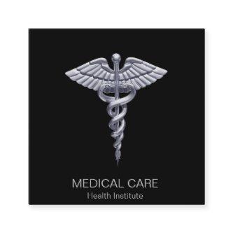 Classy Silver Medical Caduceus on Black Square