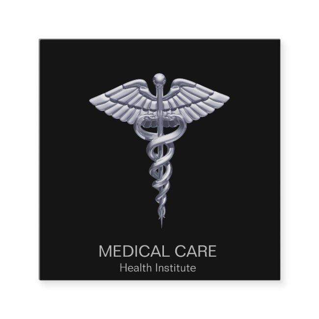 Classy Silver Medical Caduceus on Black Square