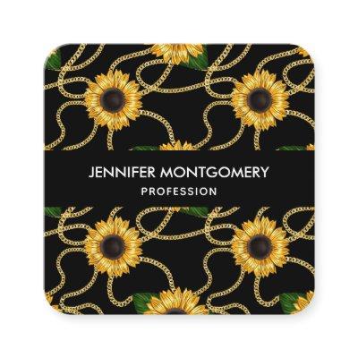 Classy Yellow Sunflowers Stylish Pattern on Black Square