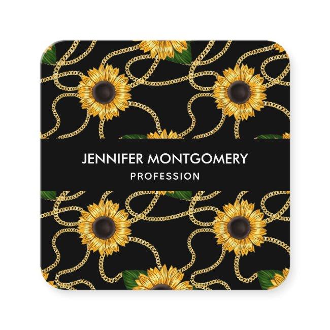 Classy Yellow Sunflowers Stylish Pattern on Black Square