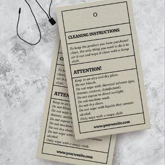 Cleaning Instructions Product Care Hang Tag Card