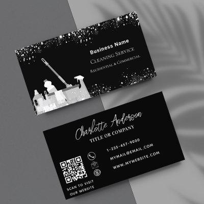 Cleaning service black silver glitter dust QR code