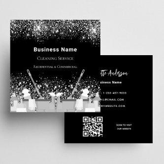 Cleaning service black silver glitter dust QR code Square