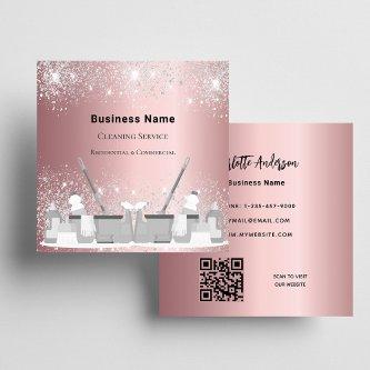Cleaning service pink silver glitter dust QR code Square