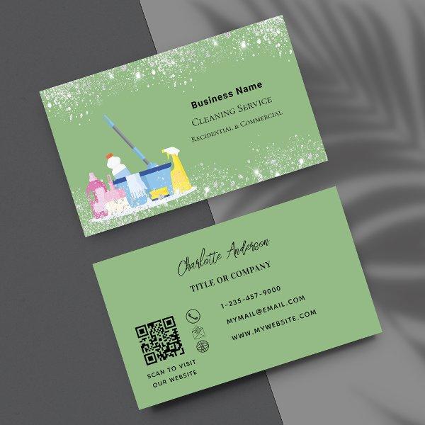 Cleaning service sage green silver dust QR code
