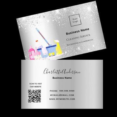 Cleaning service silver glitter dust logo QR code