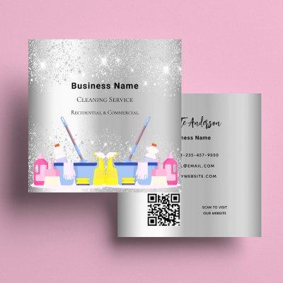 Cleaning service silver glitter dust QR code Square