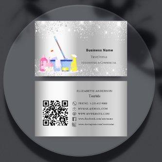 Cleaning service silver glitter QR code premium