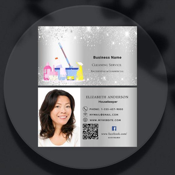 Cleaning service silver glitter QR photo premium