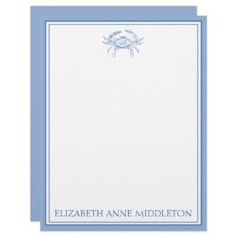 Coastal Preppy Blue and White Crab Personalized Letterhead