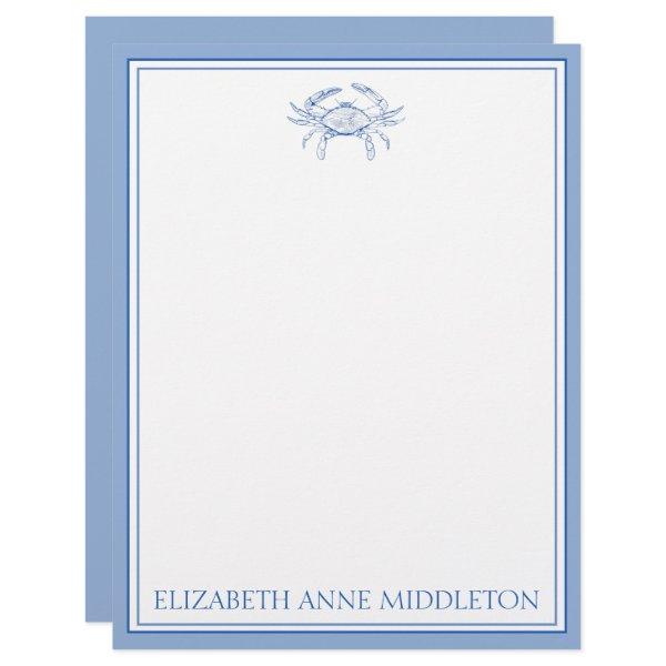 Coastal Preppy Blue and White Crab Personalized Letterhead